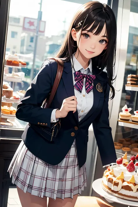 very cute and beautiful girl,(highly detailed beautiful face and eyes:1.2),
(blue blazer school uniform, pleated mini skirt),standing in front of cake shop show window,
(smile),cowboy shot,holding school bag,dynamic angle,hair pin,black hair,downtown stree...