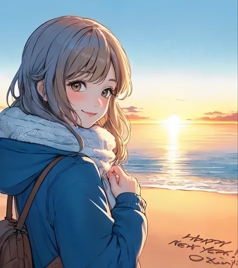 1lady solo, (looking back at viewers), (stylish outfit) winter, mature female, /(light brown hair/) bangs, blush kind smile, (eyes sparkling with hope), (masterpiece best quality:1.2) delicate illustration ultra-detailed, large breasts BREAK (the first sun...