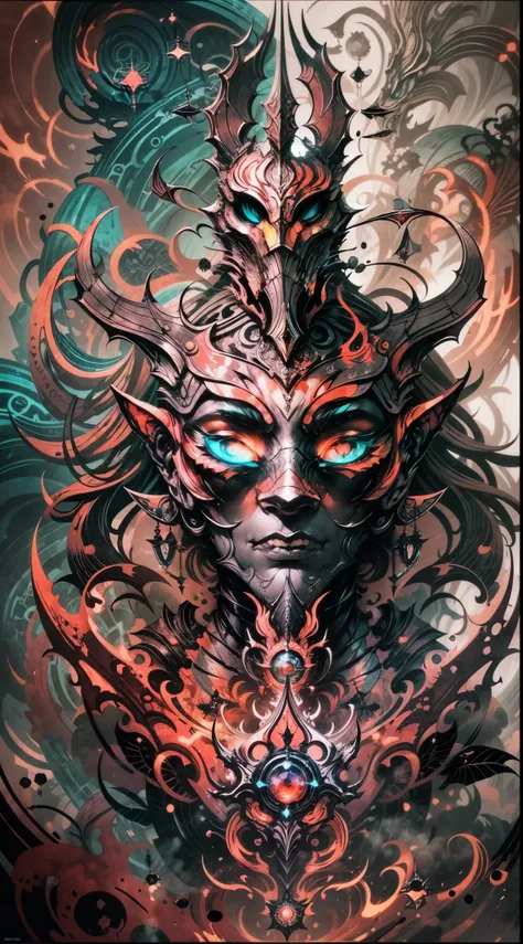 Explosive, otherworldly painting of a shape-shifting deity adorned with the elder scrolls series motifs and omnipresent, piercing eyes, a breathtaking amalgamation of fine art and captivating photo collage, mesmerizing poster design:: their appearance exud...