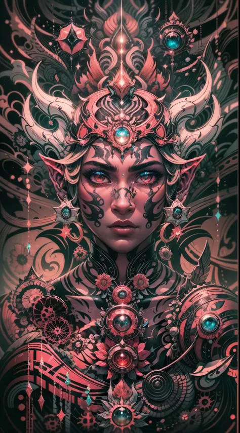 Explosive, otherworldly painting of a shape-shifting deity adorned with the elder scrolls series motifs and omnipresent, piercing eyes, a breathtaking amalgamation of fine art and captivating photo collage, mesmerizing poster design:: their appearance exud...