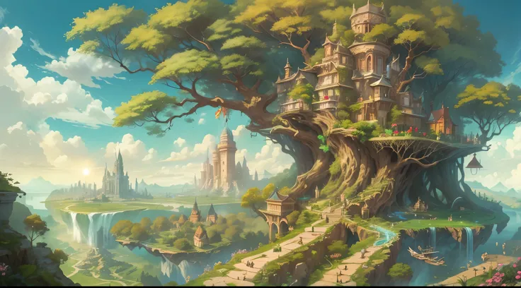 (Fantasy),The farthest aerial view, an island in the sea, There is a huge tree on the island that is as huge as the world, This is the base of natural magicians, It is a fantasy-style magic city, The giant tree is surrounded by the buildings of the Magic A...