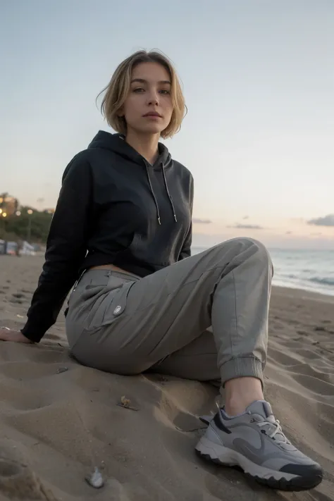 Muscular girl, long cargo pants, hoodie hiking shoes, at beach, sole, kicking, blonde short hair, very low angle, extreme perspective