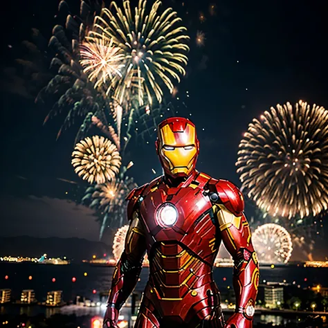 Ironman flying over a city with fireworks in the background, a photo inspired by Jeff Koons, pexels contest winner, digital art, hero pose colorful city lighting, 2 0 2 2 photo, like ironman, best photos of the year, winner of the years best photo, mcu pho...