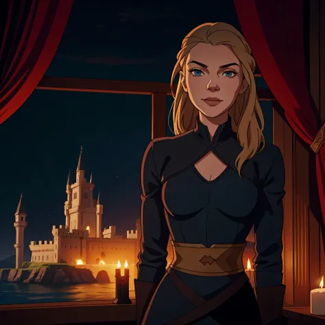 Game of Thrones style,  Margaery Tyrell (Natalie Dormer), smiles slyly, in the red castle, pretentious atmosphere, rey&#39;s Landing in the background