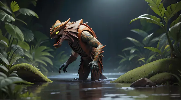 a creepy creature roaming in the lake, swamp, rain, vray style, Malaysia jungle, intricate detail, vivid, vibrant, sharp, digital illustration, dynamic lighting, composition, insane quality, masterpiece. intricate, insanely detailed, Unreal engine 5 render...