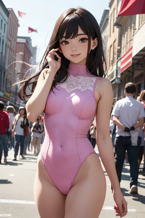 very cute and beautiful girl,(highly detailed beautiful face and eyes:1.2),(pink leotard:1.2),(sleeveless),(smile),
festival in town street,(parade:1.2),(many people wearing pastel costume),flags,confetti in sky,outdoors,depth of field,
(cowboy shot),stand...