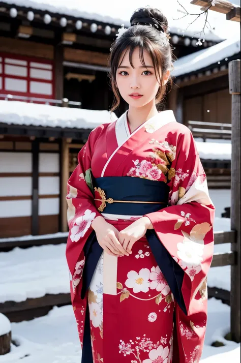 hot spring village in japan, snowy landscape, (falling snow:1.3), a beautiful japanese girl in a brilliant kimono, solo, masterp...