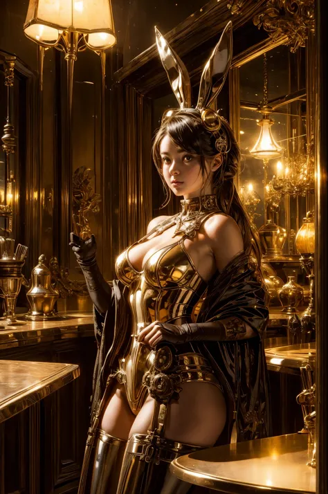 Picture a surreal composition featuring a bunny girl and a robot collaboratively creating art in a cozy, steampunk-inspired bar, surrounded by antique gears, brass sculptures, and the soft glow of Edison bulbs hanging overhead.