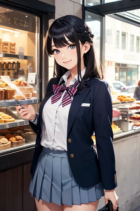 very cute and beautiful girl,(highly detailed beautiful face and eyes:1.2),
(blue blazer school uniform, pleated mini skirt),standing in front of bakery shop show window,
(smile),cowboy shot,holding school bag,dynamic angle,hair pin,black hair,downtown str...