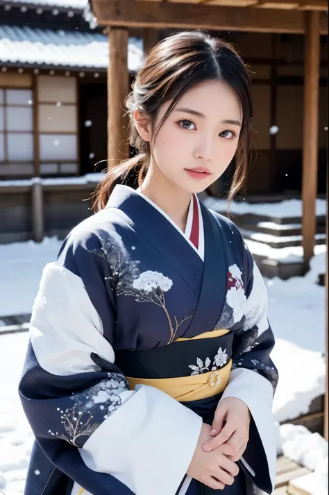 Hot Spring Village in Japan, snowy landscape, (falling snow:1.3), A beautiful Japanese girl in a brilliant Kimono, solo, masterpiece, Best Quality, 8K, ultra high-resolution, (Photorealistic:1.4), cowboy shot, Japanese Idol, Extremely cute, elegant, volupt...