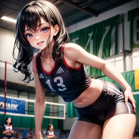 realistically、13-year-old female volleyball player、short black wavy hair、super fit volleyball uniform、Wearing volleyball short chest enlargement、an sexy、ssmile、Sexy pose on volleyball court