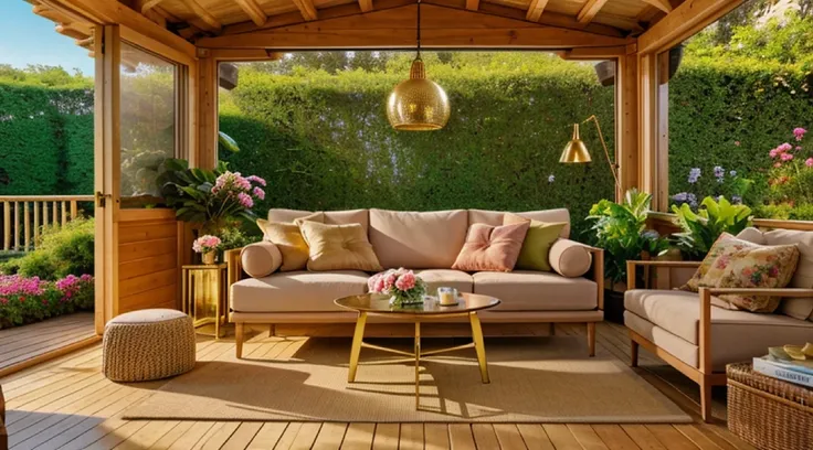 Architectural digest photo of a cozy hut with a soft sofa, Tea table,  with flowers and plants, Golden light, Hyperrealist surrealism, award-winning masterpiece with incredible details, epic stunning