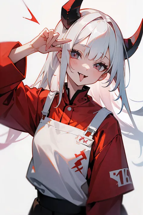 white-haired girl、Red Shirt、sticking out the tongue、horns grow