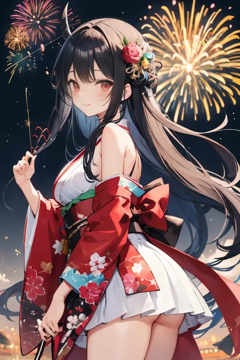 "anime girl, 1 person, black hair, shoulder length hair, red eyes, glasses, white horns, wearing kimono, kimono outfit, black kimono with red patterns, details, big breasts, long stockings, sinister smile  , small black wings on the back, solo, viewed from...