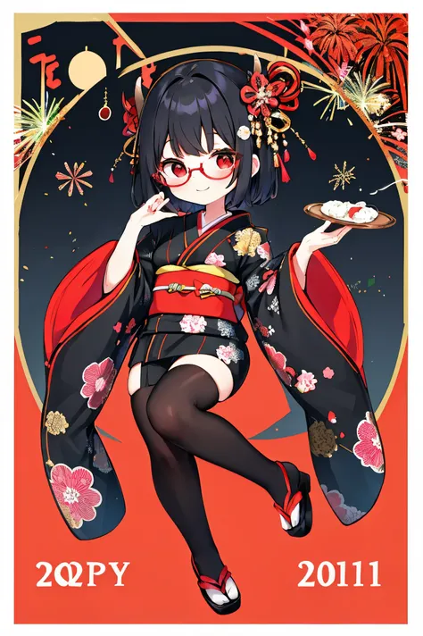 "anime girl, 1 person, black hair, shoulder length hair, red eyes, glasses, white horns, wearing kimono, kimono outfit, black kimono with red patterns, details, big breasts, long stockings, sinister smile  , small black wings on the back, solo,chibi, full ...