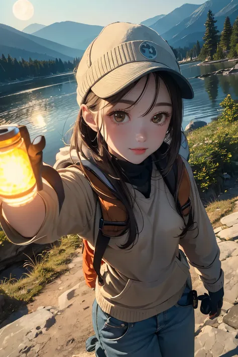 1 woman((upper body selfie, happy)), masterpiece, best quality, ultra-detailed,  solo, outdoors, (night), mountains, nature, (stars, moon)   cheerful, happy, backpack, sleeping bag, camping stove, water bottle, mountain boots, gloves, sweater, hat, flashli...