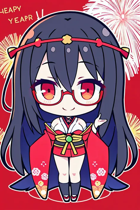 "anime girl, 1 person, black hair, shoulder length hair, red eyes, glasses, white horns, wearing kimono, kimono outfit, black kimono with red patterns, details, big breasts, long stockings, sinister smile  , small black wings on the back, solo,chibi, full ...