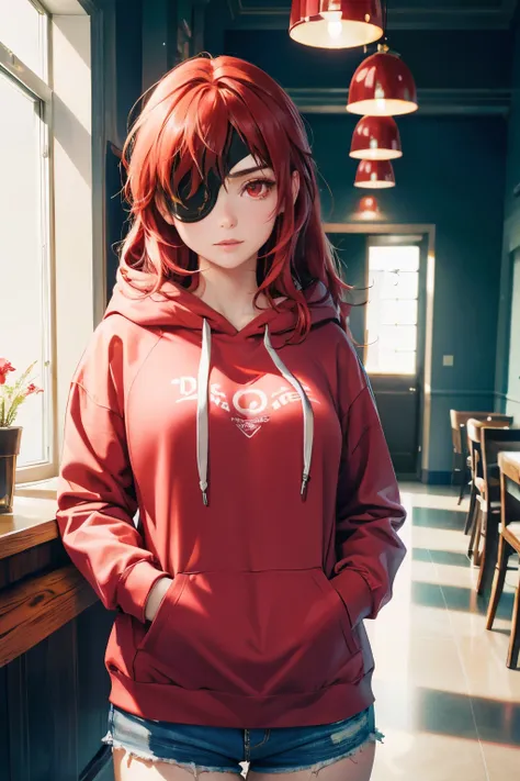 ((best quality)), ((masterpiece)), (detailed), perfect face, ((eyepatch:1.2)), (long hair:1.4), (red hair, red eyes:1.4), 1girl, solo, hotpants, upper body, hoodie, pink hoodie, inside a cafe sharp focus,sunlight on face, beautiful eyes, cinematic lighting...