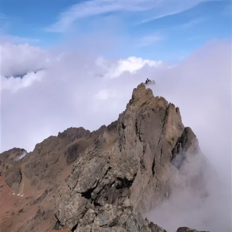 there is a man standing on a mountain top with a backpack, crib goch!!!!!!!!!!! ridge, walking above the clouds and fog, view from slightly above, close up shot from the top, view above the clouds, dusty rock in background, heaven in the top, craggy mounta...