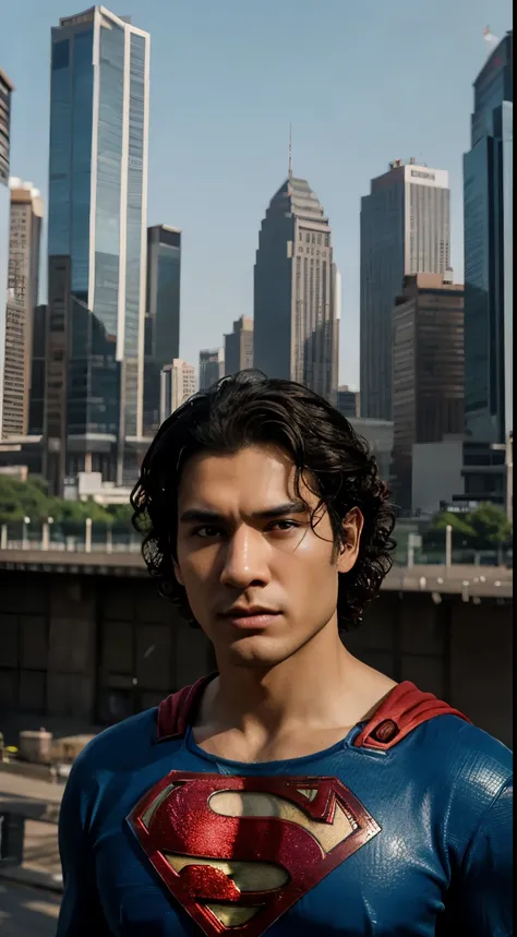 ultra hd:1.3, realistic, 1male, oval asia face, curly hair, superman outfit, very broken city background:1.3, view from front, (realistic eye)