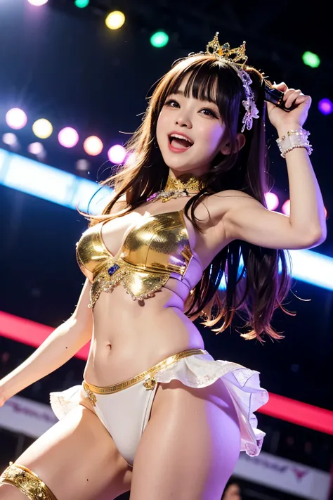 Woman in idol costume、Pose while singing and dancing happily together, Sweat and have fun, Everyone is smiling and having fun, Enjoy the moment. Girls are surrounded by cute and colorful decorations, Eta、They are comfortable and relaxing. They are all good...