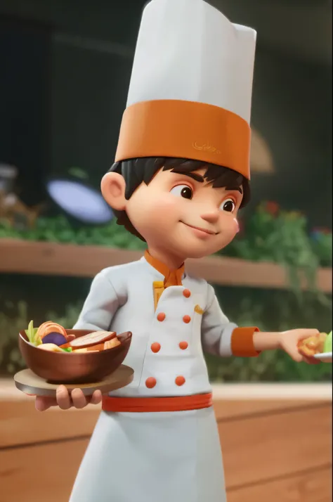 a close up of a cartoon chef holding a bowl of food, best chef, bo chen, animated movie still, happy chef,