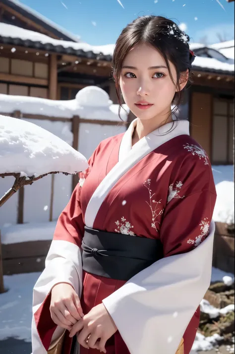 hot spring village in japan, snowy landscape, (falling snow, snow fluttering in the wind:1.3), a beautiful japanese girl in a br...