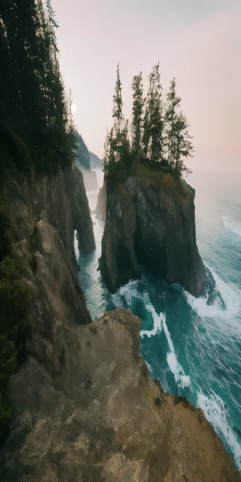 there is a man standing on a cliff overlooking the ocean, pacific northwest coast, trees and cliffs, ocean cliff view, pacific northwest, detailed trees and cliffs, coastal cliffs, ocean cliff side, cliff side at dusk, cliffside ocean scene, sheer cliffs s...