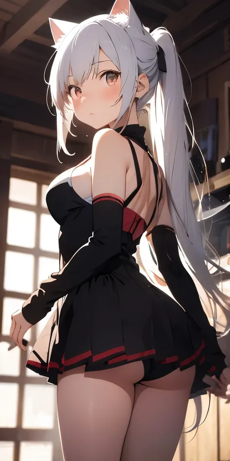 Anime girl with white hair and cat ears, ruby eyes, shy, blush, medium breast, bare shoulders,  bare legs, look back, high contrast, soft light, master piece, extraordinary nice