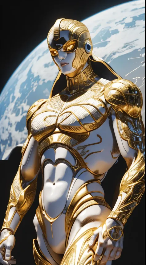 End Of The World manifests as an intricate metallic humanoid figure with an elegant white body. Its design is adorned with intricate golden patterns that glow softly when activated..... Os olhos do Stand emitem uma luz azul intensa, and its limbs are decor...