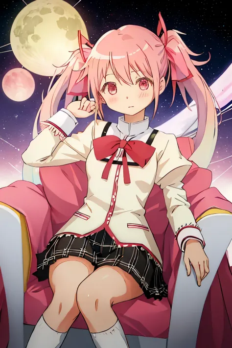 cosmic background　sitting in a throne　Best Quality, masutepiece, hight resolution, Solo, {Kaname_madoka_puellamagimadokamagica:1.15}, Twin-tailed, Short_Twin-tailed, Pink_Eyes, bow ribbon, hair_bow ribbon, Bow, blush, 1girl in, Mitakihara_School_uniform, O...