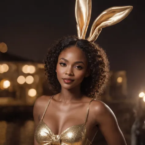 ((Dark African skin, Very deep ebony skin)), ((Its beauty  undeniable)), ((Excited cute face)), ((Hyper detailed perfect eyes,)), ((pose mignonne)), ((Langue sortie)), ((Seductive )), sexy, ((one piece golden swimsuit)), ((traditional gold bunny suit)), ((...