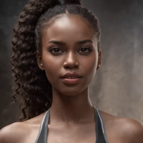 ((Dark African skin, Very deep ebony skin)), ((Its beauty is undeniable)), ((Excited cute face)), ((Hyper detailed perfect eyes,)), ((Language output)), ((Seductive)), sexy, ((black sports underwear)), ((Afro ponytail with long African curly hair, lipstick...