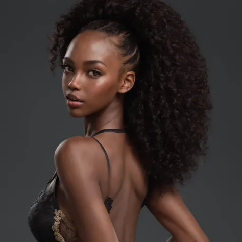 ((Very Dark African skin, Very deep ebony skin)), ((Its beauty  undeniable)), ((Excited cute face)), ((Hyper detailed perfect eyes,)), ((cute pose)), ((Language output)), ((Seductive )), sexy, ((tight onesie )), ((Afro ponytail with long African curly hair...