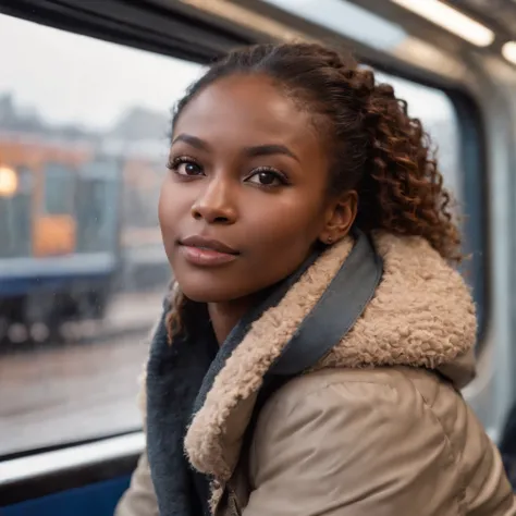 ((Dark African skin, Very deep ebony skin)), ((Its beauty is undeniable)), ((Excited cute face)), ((Hyper detailed perfect eyes,)), ((Language output)), ((Tired)), sexy, ((beige warm winterjacket, jeans, public transport, sitting in the train)), ((Afro pon...