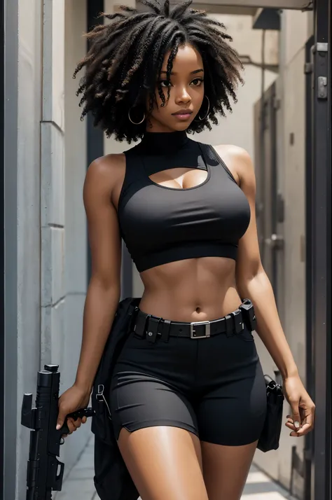 african american woman, afro curly hair, black hair, afro hair woman, wearing a gray tank top and black, the matrix style, tactical shoulder holster, 454 casull revolver