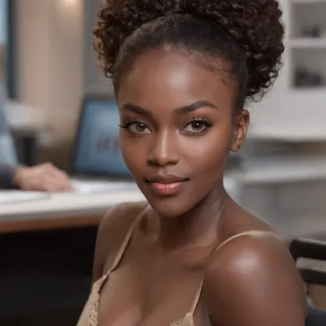 ((Dark African skin, Very deep ebony skin)), ((Its beauty  undeniable)), ((Excited cute face)), ((Hyper detailed perfect eyes,)), ((pose mignonne)), ((Langue sortie)), ((Seductive )), sexy, ((beige warm turtleneck, jeans, office, sitting behind desk)), ((A...