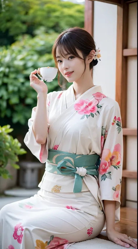 (((Beautiful woman wearing a long-sleeved kimono and holding a teacup in both hands and drinking tea at a teahouse at a shrine))),(((A gravure idol who looks good in Japanese clothes is sitting on a chair at a tea shop.))),(((masutepiece:1.6))),(((ulzzang-...