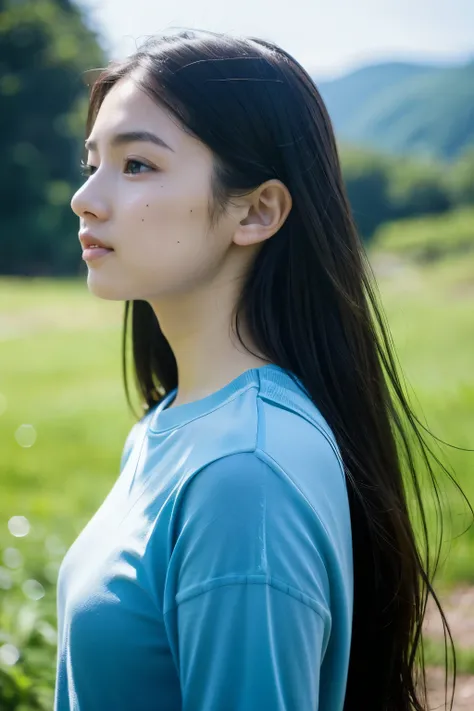 Perfect face, fair skin, blue clothes, little exposure, long hair, natural beauty, profile