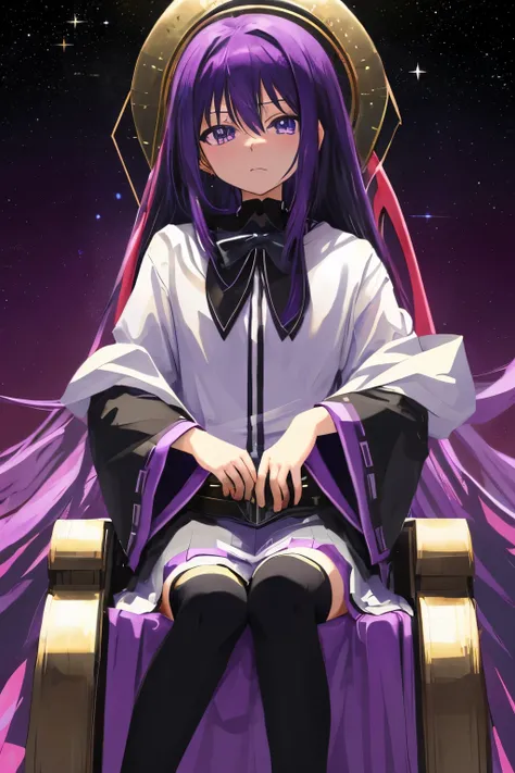 cosmic background　sitting in a throne　{Akemi_Homura_Puera Magimado Magica:1.15}