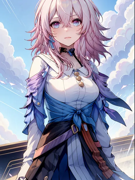 exquisite masterpiece, best quality, illustration style, an anime girl with pink hair, short hair, dreamy sky, gentle and playfu...