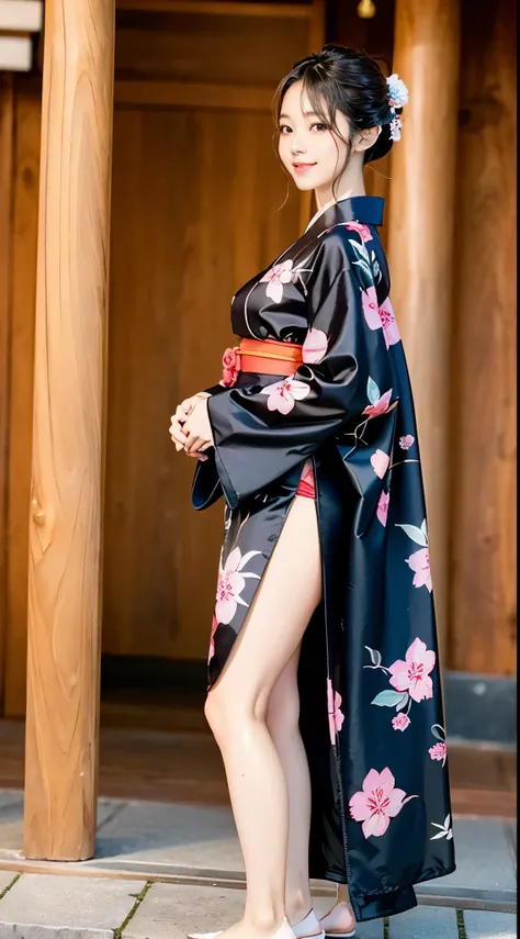 (((A beautiful woman wearing a long-sleeved kimono, bowing her head and folding her hands in front of a large offering box in the precincts of a shrine.))),(((A gravure idol who looks good in Japanese clothes poses with her knees together))),(((masutepiece...