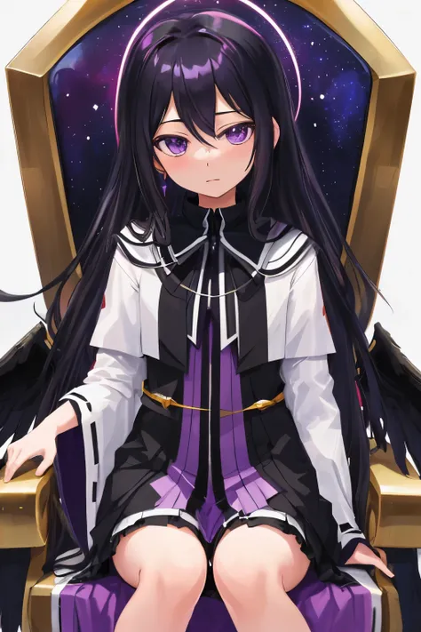 cosmic background　sitting in a throne　{Akemi_Homura_Puera Magimado Magica:1.15}　black colored wings