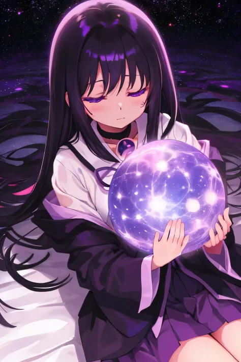 cosmic background　meditate on the floor　Both eyes are closed　{Akemi_Homura_Puera Magimado Magica:1.15}　A dark-haired