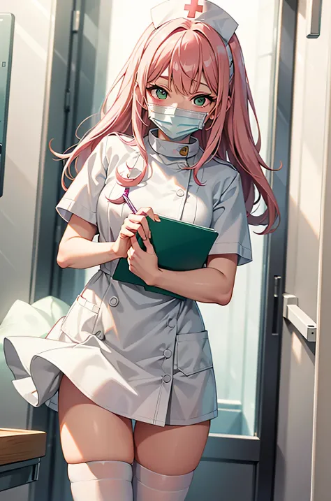 1girl, solo, nurse, nurse cap, white wear, ((white legwear, zettai ryouiki)), white gloves, pink hair, green eyes, drooping eyes, ((white surgical mask, covered nose)), standing, ((hospital room)), sharp outline, short sleeves, best quality, masterpiece