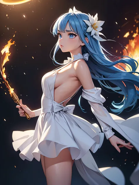 masterpiece, exquisite, {beautiful and meticulous girl}, beautiful and detailed halo, (fire of war: 1.2), (fire explosion behind: 1.3), rain, detailed lighting, detail water, (beautiful and detailed eyes: 1.1), glitter_force, palace, sky blue hair, scatter...