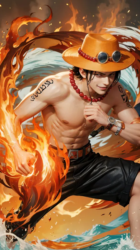 1man, ace in anime one piece, short hair , black hair, black eyes, handsome, smile, fire background, ultra detail, realistic