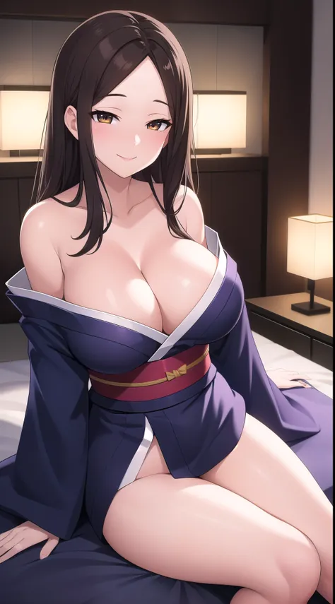 (best quality:1.5, highres, UHD, 4K, detailed lighting, shaders), brown long straight hair, forehead, mature woman, large breasts, thighs, sexy, erotic, lewd, seductice, ecchi, hentai, horny, hot, off shoulder kimono, cleavage, round breasts, sitting on fu...