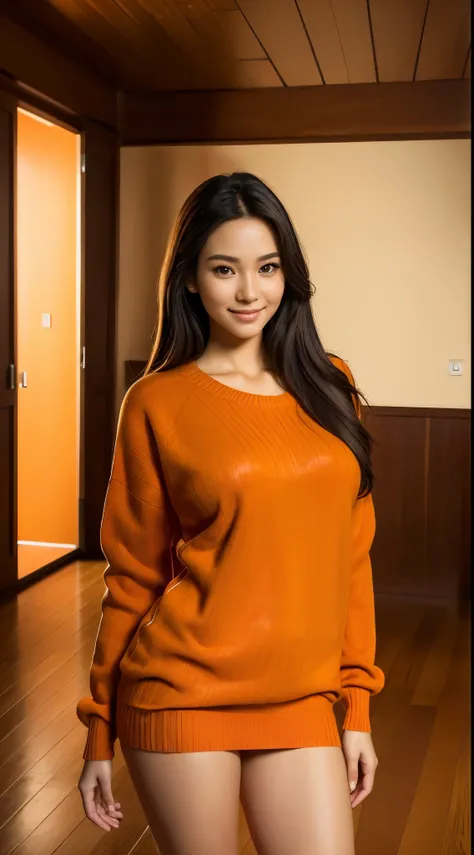 Foto hiperrealista en primer plano de Kim Joo, masterpiece, best quality, (photorealistic:1.4), full body, (orange sweater:1.2) bare legs, hall, wooden floor,  cinematic light, beautiful woman, skinny, large big breasts, black long hair, detailed face, smi...