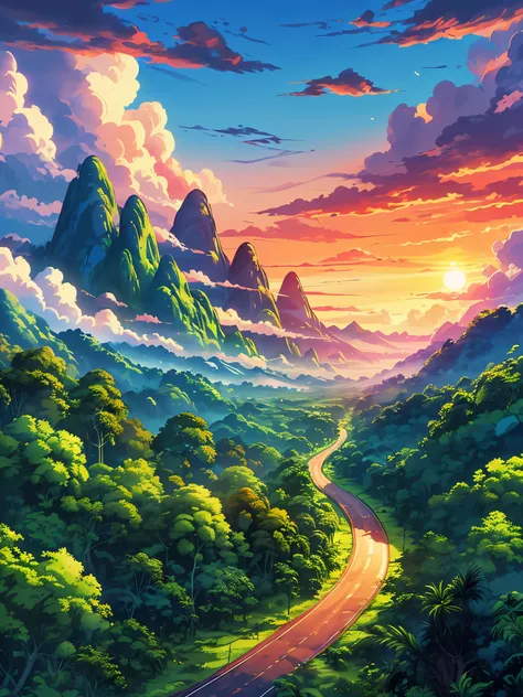 draw an digital simple anime aerial scene of wide lofi scene of road through amazing amazon rainforest, lush green peaks, sunset...